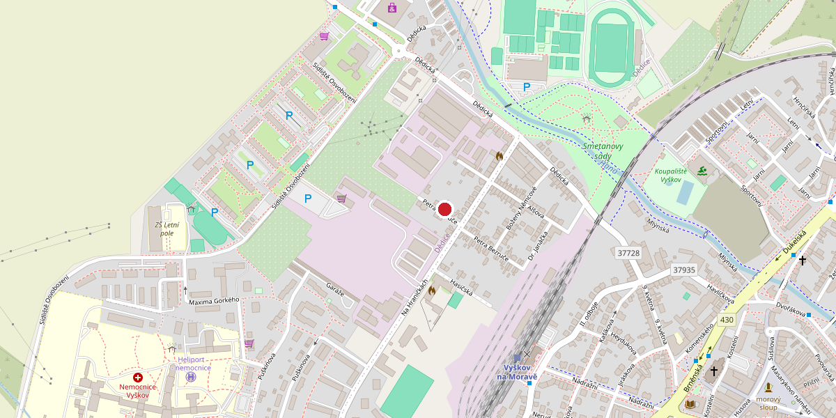 Mapa s vyznačenou polohou firmy TOVAP – Petra Bezruče 36, 682 01 Vyškov